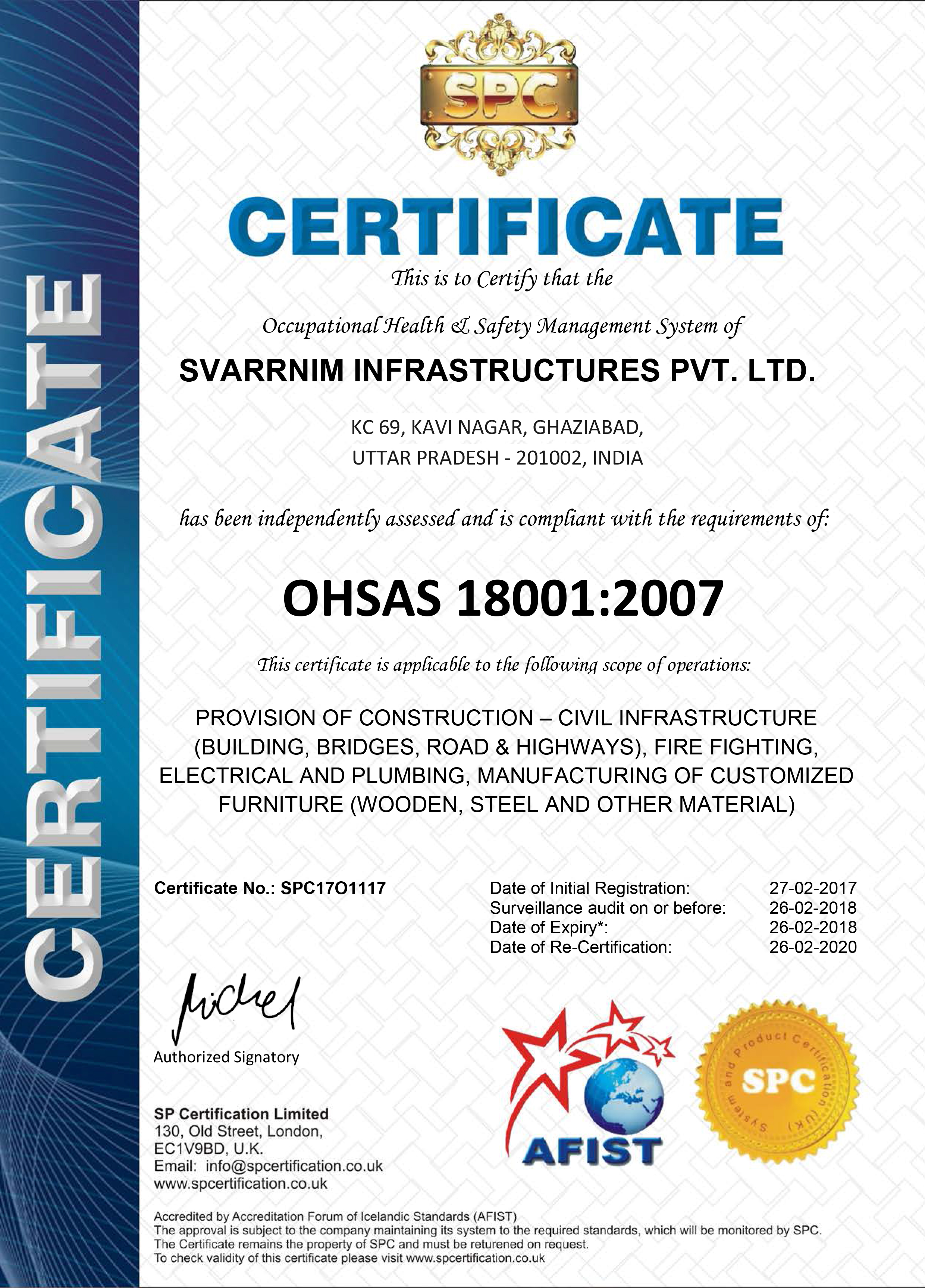 SPC Certificate ISO 18001:2007